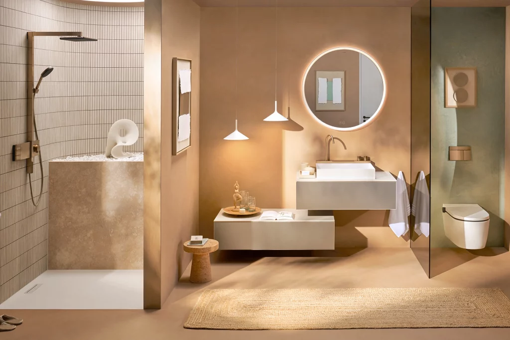 Baddesign mit hansgrohe Armaturen, Waschtisch und Badezimmermöbeln